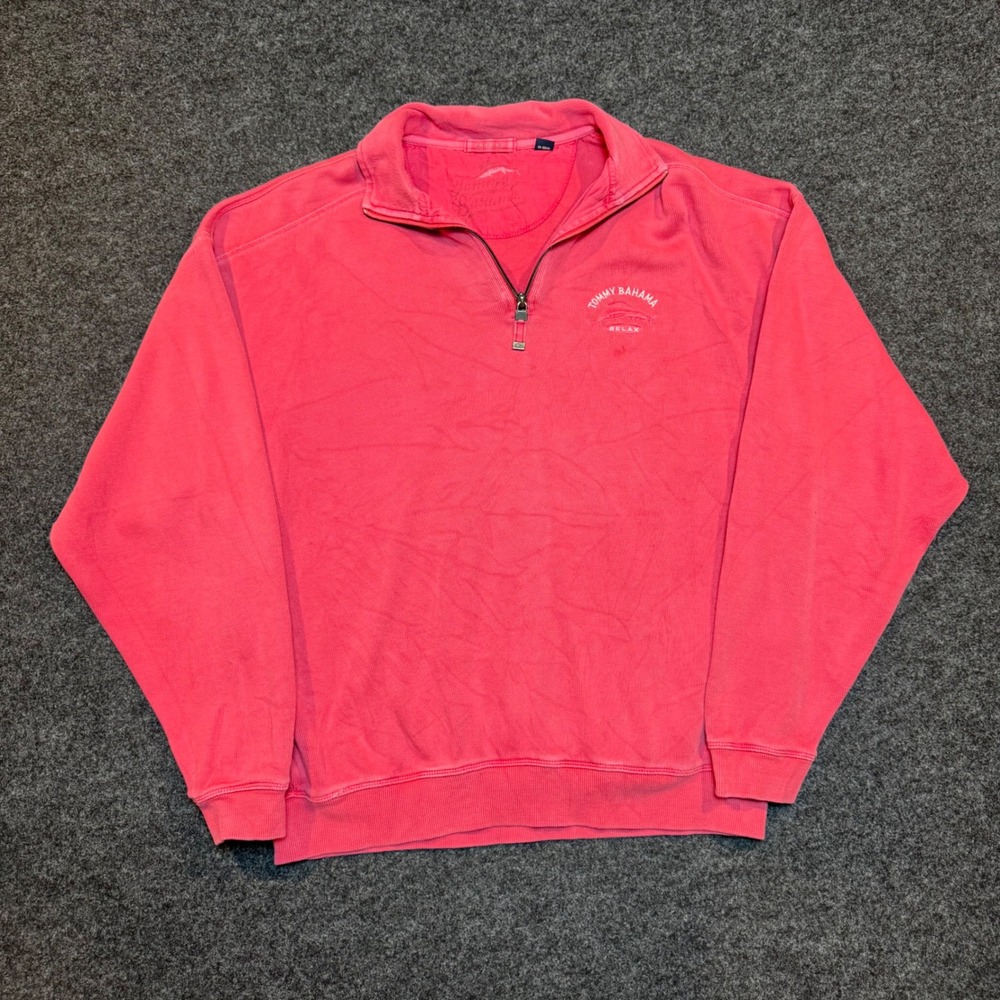 Tommy Bahama Relax Mens XL Coral Pink 1/4 Zip Cotton Pullover Sweatshirt Marlin